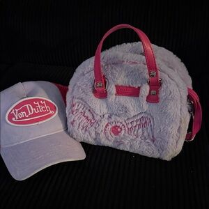 Von Dutch Pink and Light Purple Furry Bag and Cap